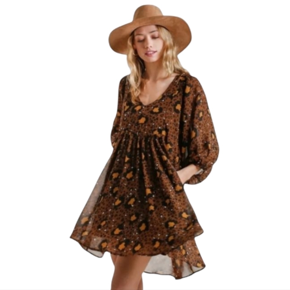 Umgee Leopard Print Long Sleeve Ruffle Shoulder V Neck Dress Size Small